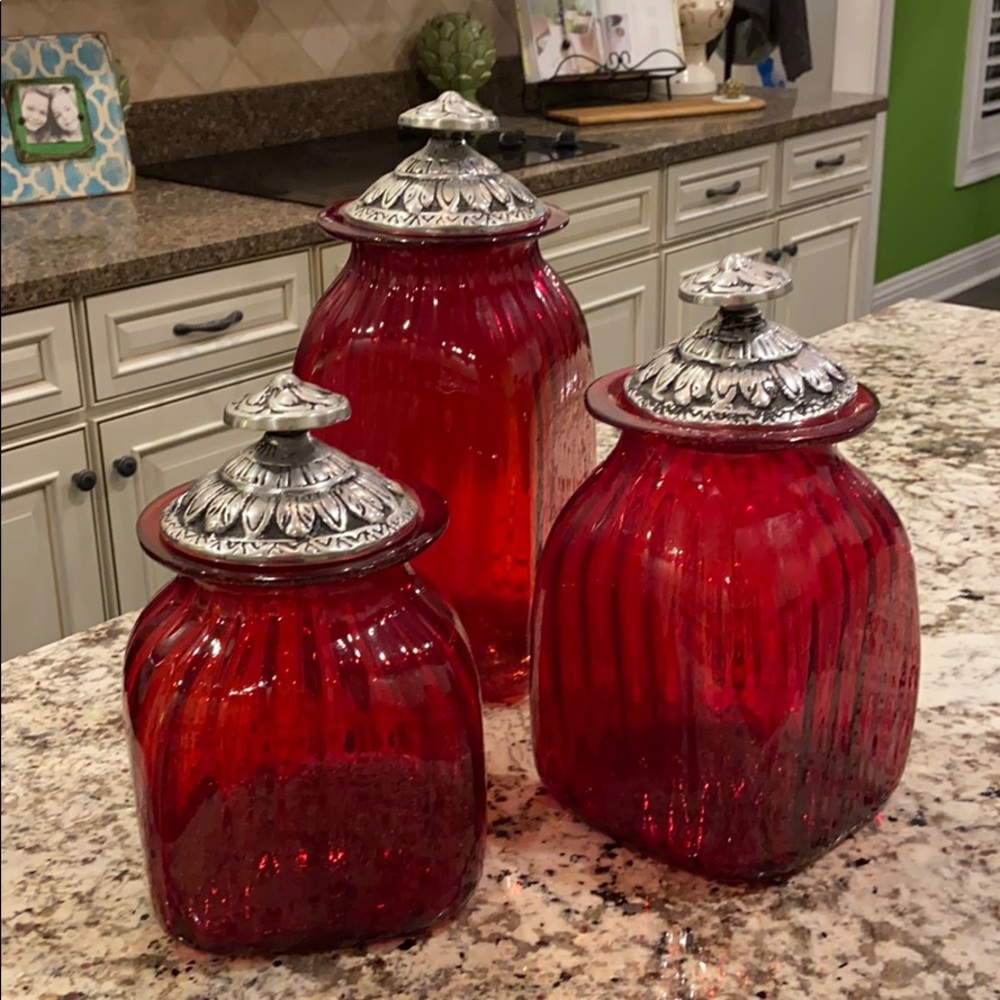 3 red glass containers w removable pewter lids